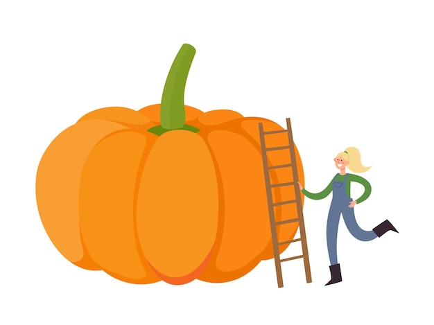 Organic production cartoon with tiny woman standing with stairs near pumpkin.