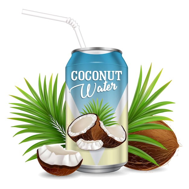 Organic refreshing coconut water vector realistic illustration