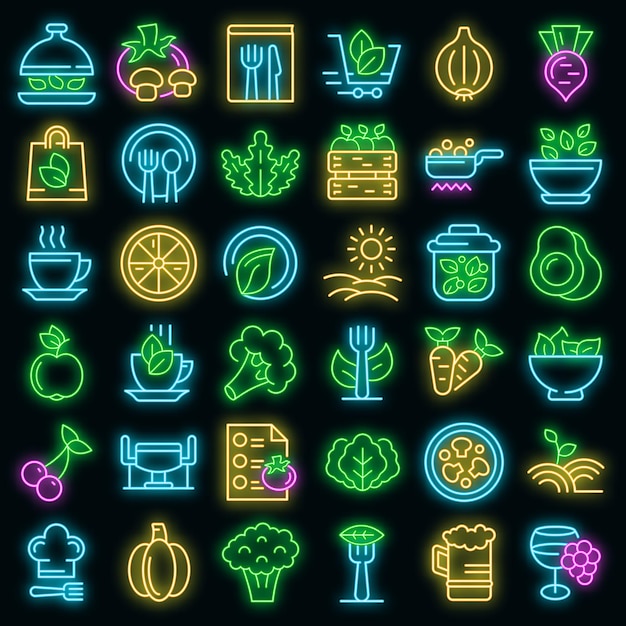 Organic restaurant icons set. Outline set of organic restaurant vector icons neon color on black