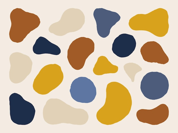 Organic Shapes Set in Minimal Trendy Style. Vector Hand Draw Abstract Elements in Mustard, Brown and Blue Colors For Creating Patterns, Logos, Banners, Social media stories, branding