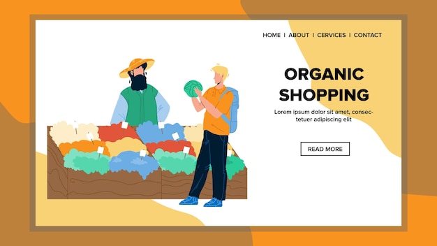 Organic Shopping In Bio Vegetarian Market Vector. Organic Shopping, Client Choosing Fresh Harvested Agricultural Healthcare Vegetables. Characters In Agriculture Store Web Flat Cartoon Illustration