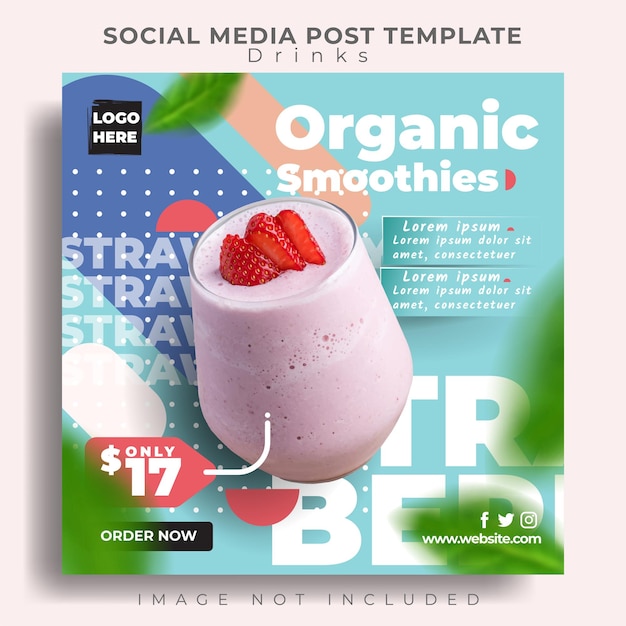 Organic smoothies social media post template with strawberry