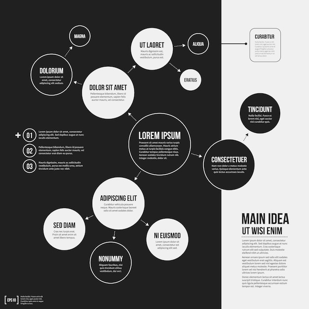 Organization chart template with geometric elements on black background.