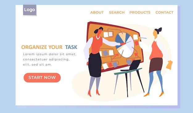 Organize your task landing page template with women standing near board pointing to chart