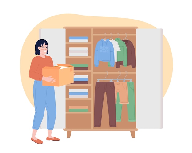 Organizing clothes on shelves in closet 2D vector isolated spot illustration