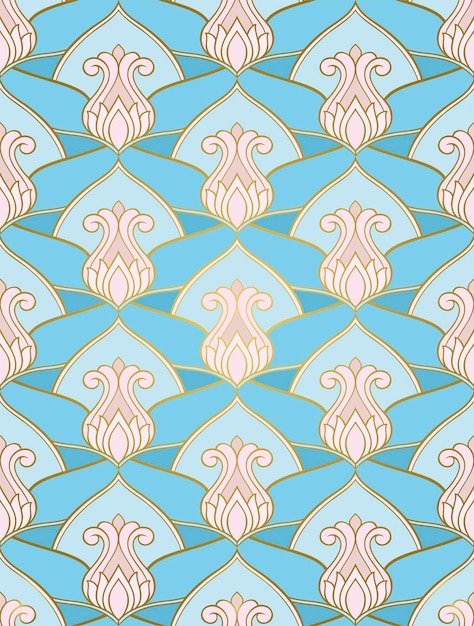 Oriental floral background Turquoise and pink elegant ornament Seamless vector pattern