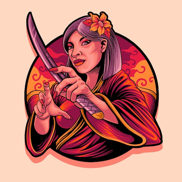 oriental geisha with samurai mascot illustration