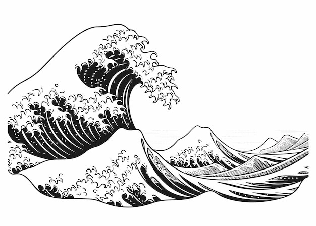 An oriental Japanese great wave in a vintage retro engraved etching style