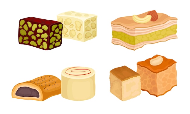 Vector oriental sweets and turkish delights with baklava and rahat lakoum vector set