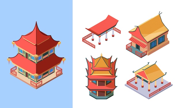 Oriental temples and palaces isometric set. Asian traditional buildings ancient chinese style japanese ritual pagodas korean noble houses oriental ethnic structures.