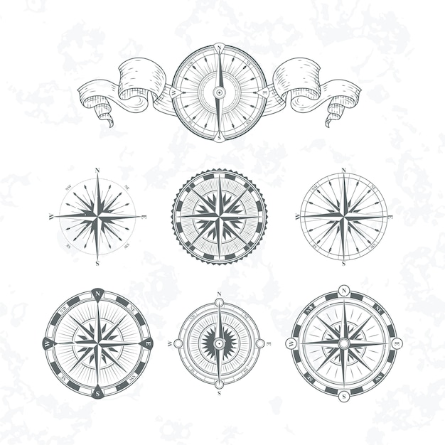 Orientation antique compas in vintage style. Vector monochrome illustrations set