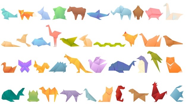 Origami animals icons set cartoon vector Paper fish Polygon geometric