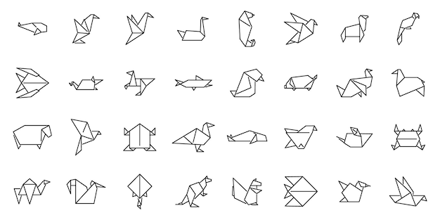 Origami animals icons set outline vector Fish paper Fox low poly