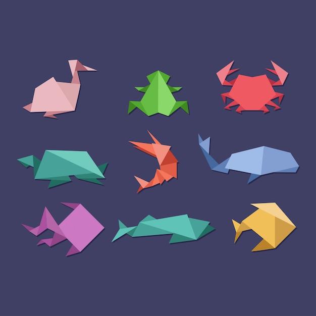 Origami aquatic animals and seafood set