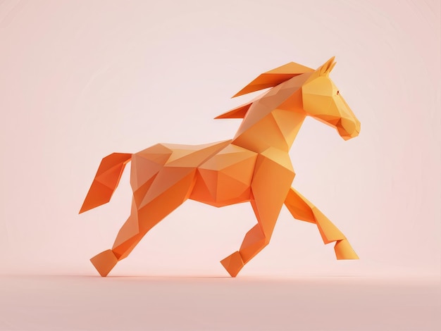 Vector origami horse made of orange polygonal horse 3d render illustration