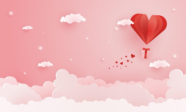 Origami made hot air balloon flying on the sky with heart float on the sky illustration of love