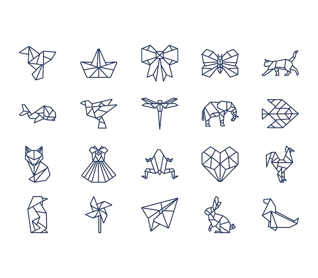 Origami and paper crafts icon set