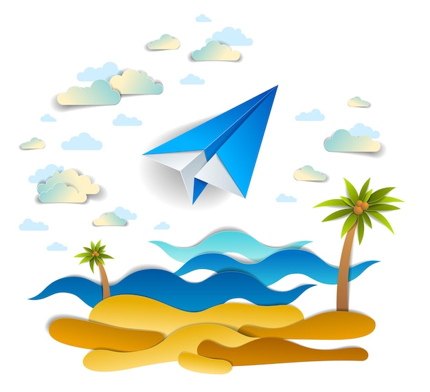 Origami paper plane toy flying in sky over ocean waves with beach and palms, beautiful vector illustration of scenic seascape with toy jet in the clouds and sea shore.