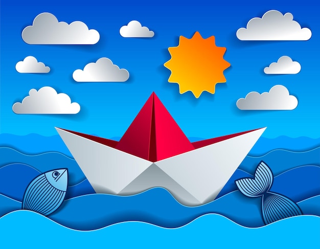 Origami paper ship toy swimming in curvy waves of the sea and clouds in the sky, beautiful vector illustration in paper cut style.