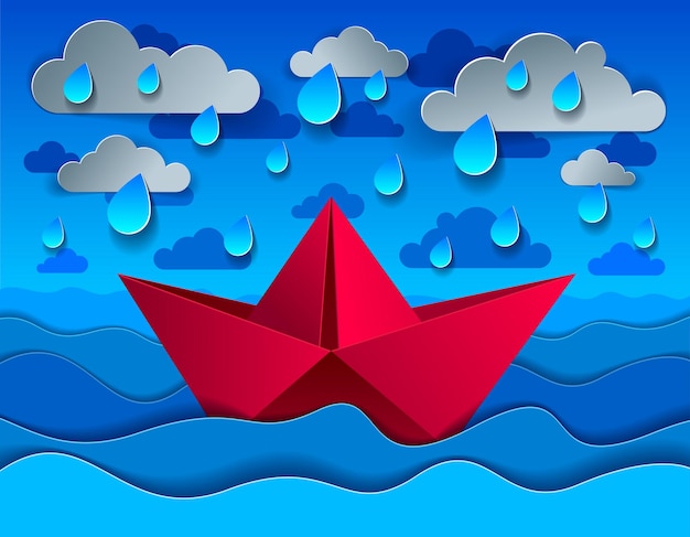 Origami paper ship toy swimming in rain over ocean, curvy waves of the sea and clouds in the sky, beautiful vector illustration in paper cut style.