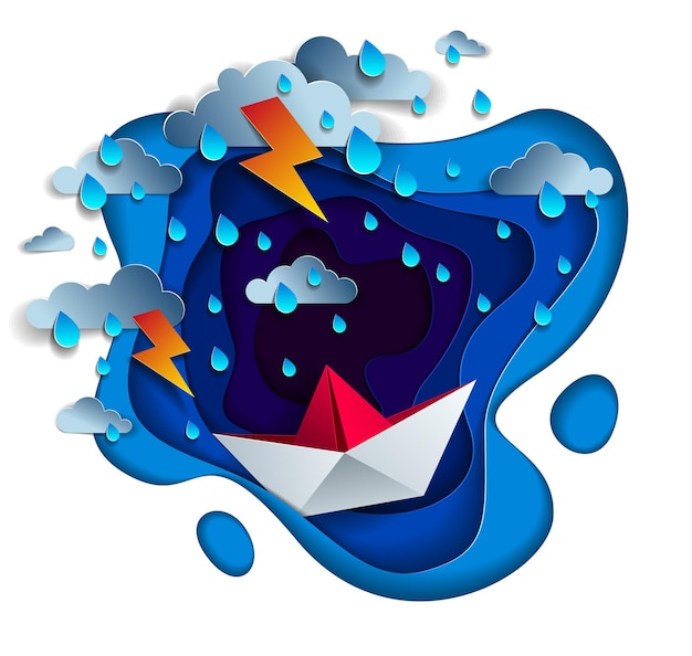 Origami paper ship toy swimming in thunderstorm with lightning, dramatic vector illustration of stormy rainy weather over ocean with toy boat struggles to survive.