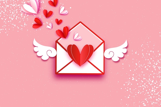 Origami Red, White hearts. Valentines postcard with wings in paper cut style.