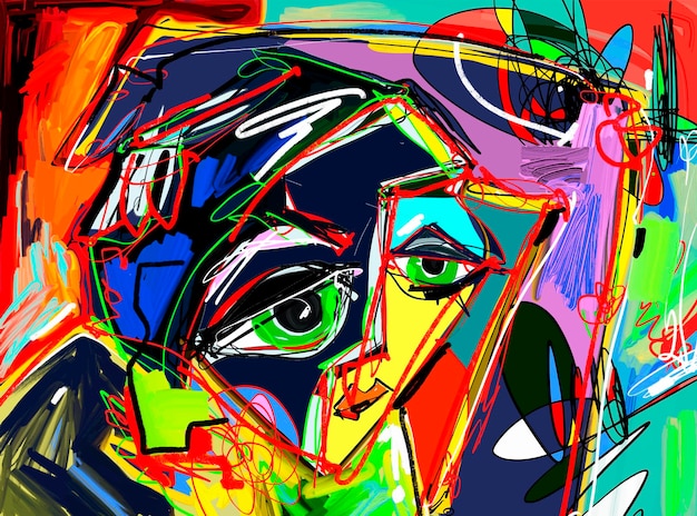 Original abstract digital painting of human face colorful compo