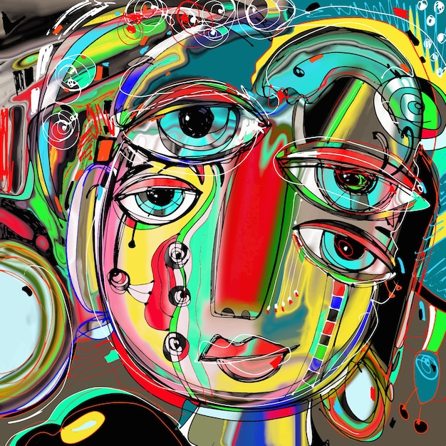 Original abstract digital painting of human face colorful composition in contemporary modern art