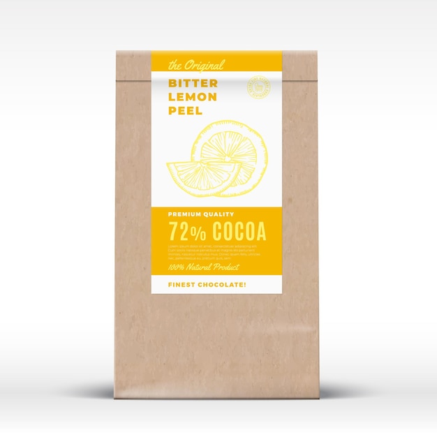 The Original Bitter Lemon Peel Chocolate Craft Paper Bag Product Label Abstract Vector Packaging Design Layout with Realistic Shadows Modern Typography and Hand Drawn Lemons Silhouette