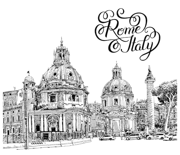 Original black and white digital drawing of Rome Italy cityscape with hand lettering inscription