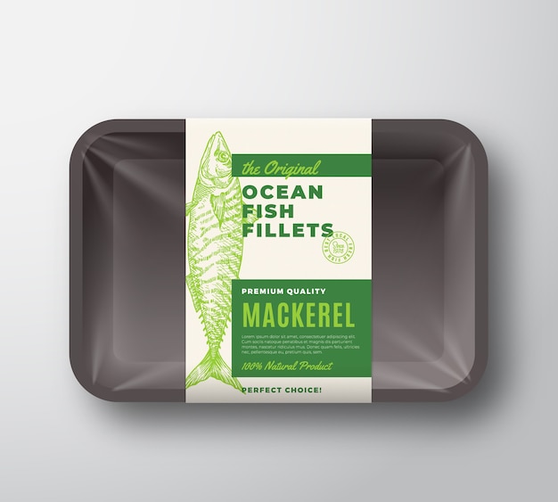 The Original Fish Fillets Abstract  Packaging  Label on Plastic Tray with Cellophane Cover.