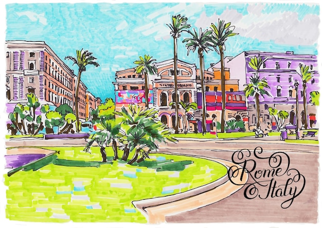 Original marker painting of Rome Italy cityscape with hand lettering inscription for your travel