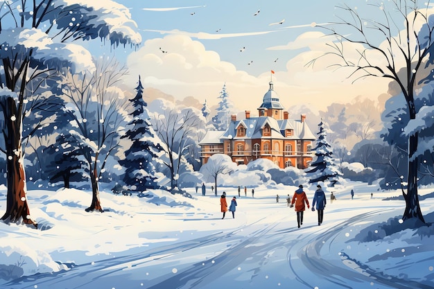 Vector original naive style oil painting of a rural winter scene with children playing and skating near