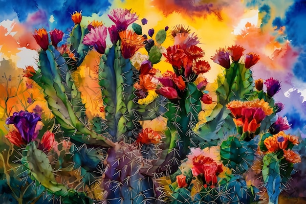 Vector original oil painting drawn blooming cacti beautiful greenery and red flowers sunny picture