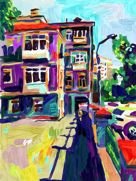 Original plein air digital oil painting town old street in summer modern Impressionism