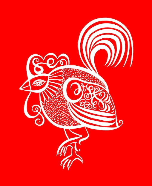 Original red line art rooster calligraphy drawing vector illustration