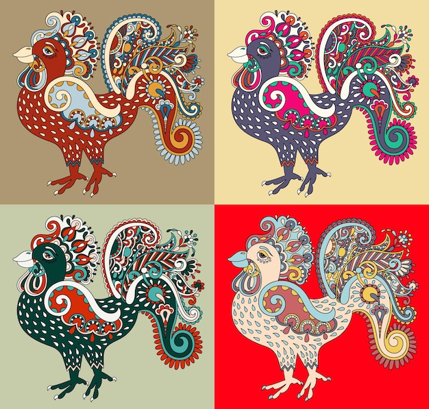 Original retro cartoon chicken drawing, symbol of 2017 new year of the rooster, vector illustration