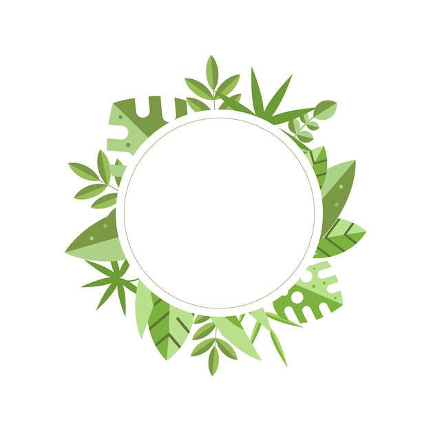 Original round frame with green tropical leaves on background. Botanical theme. Natural border. Graphic element for invitation card, interior decor or save the date. Isolated flat vector illustration.