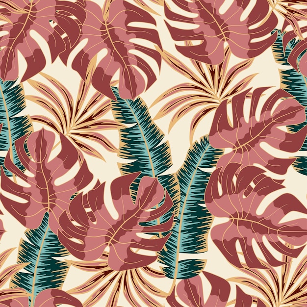 Original seamless tropical pattern with bright plants and leaves on a beige background