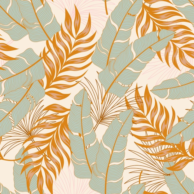 Original seamless tropical pattern with bright plants and leaves on a beige background