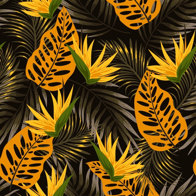 Original seamless tropical pattern with bright plants and leaves on a black background