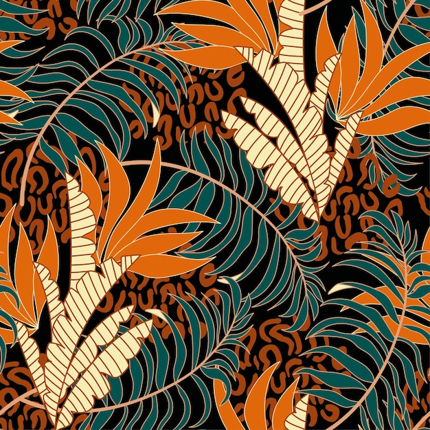 Original seamless tropical pattern with bright plants and leaves on a black background