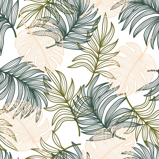 Original seamless tropical pattern with bright plants and leaves on a white background