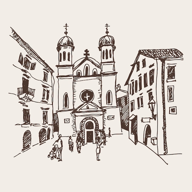 Original sepia sketch drawing of Church of Saint Tryphon in Kotor Montenegroworld