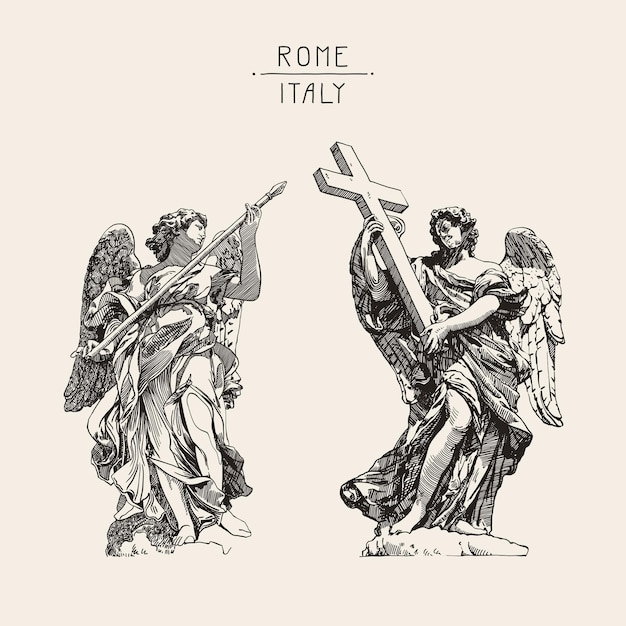 Original sketch digital drawing of marble statue of two angels from the SantAngelo Bridge in Rome