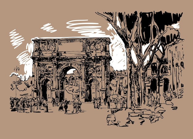 Original sketch digital sepia drawing Rome Italy landmark  arch of Konstantine Arco Constantino