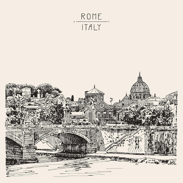 Original sketch drawing of Rome Italy cityscape type of bridge in river and Saint Pietro Basilica