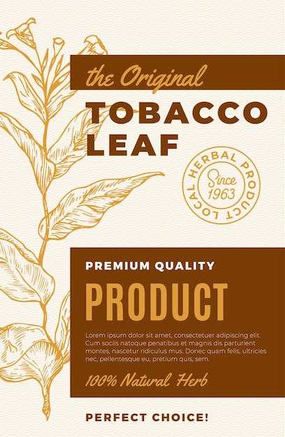 The original tobacco leaf abstract vector design label modern typography and hand drawn plant branch...