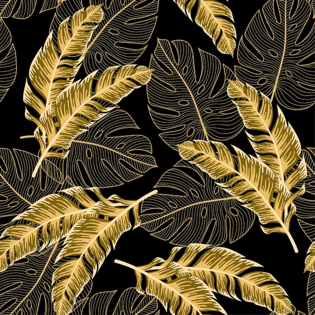 Original tropical seamless pattern with bright exotic plants and leaves on a dark background