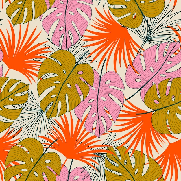 Original tropical seamless pattern with bright plants and leaves on a pastel background